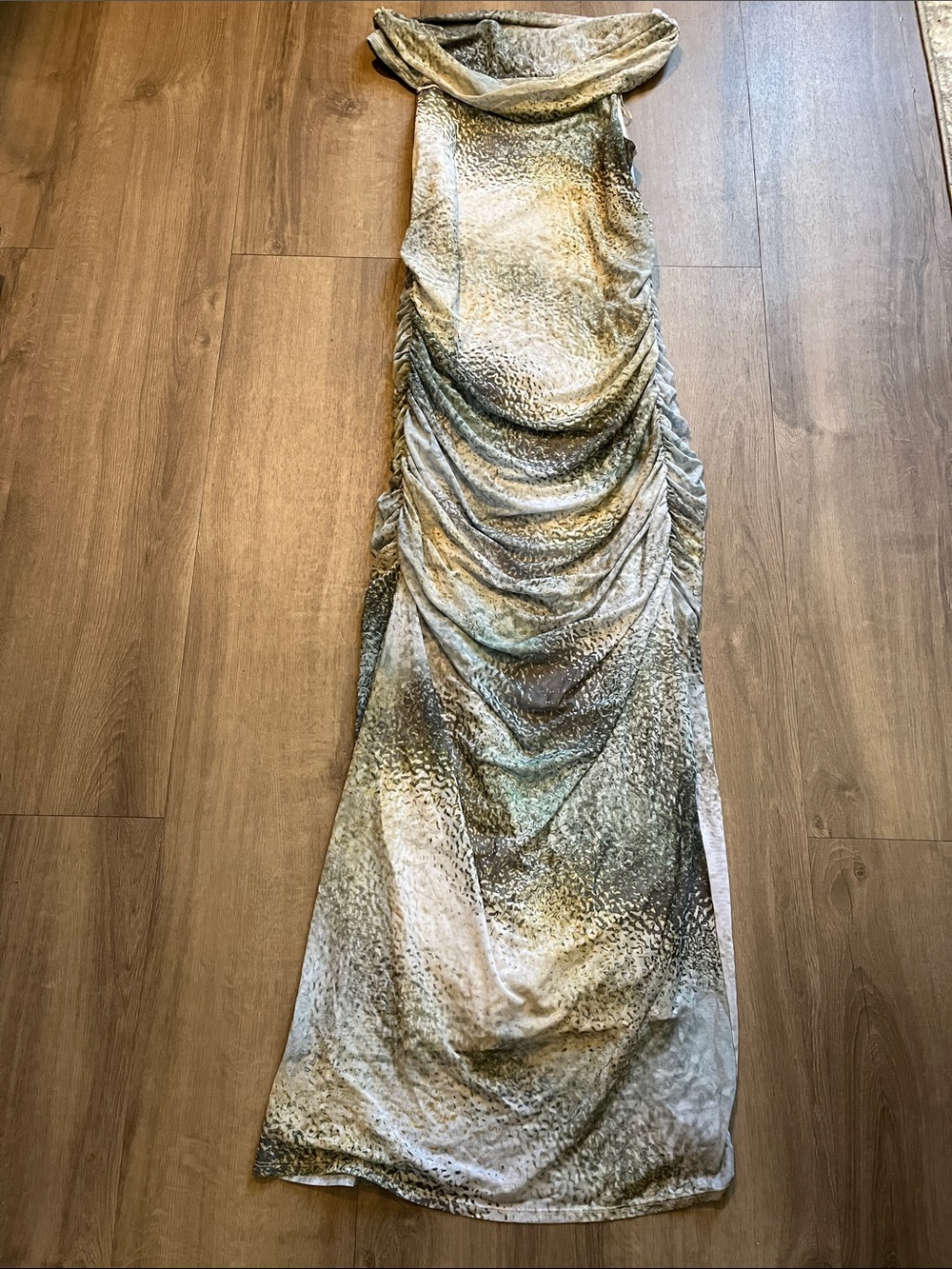Express Metallic Silver-Green Ruched Maxi Dress
